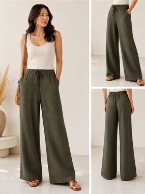 NWT Alex & Jordan Olive Green Linen Blend Wide Leg Drawstring Pants | Size Small